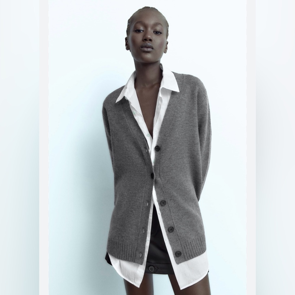 Zara Women’s Basic Knit Cardigan Sweater Gray Button Small Varsity